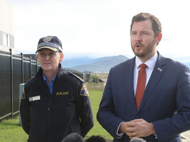 Tasmania Police inspector Kathy Bennett and Minister for Police, Fire and Emergency Services Felix Ellis speak to the media at Cambridge on Monday, 8 July 2024.