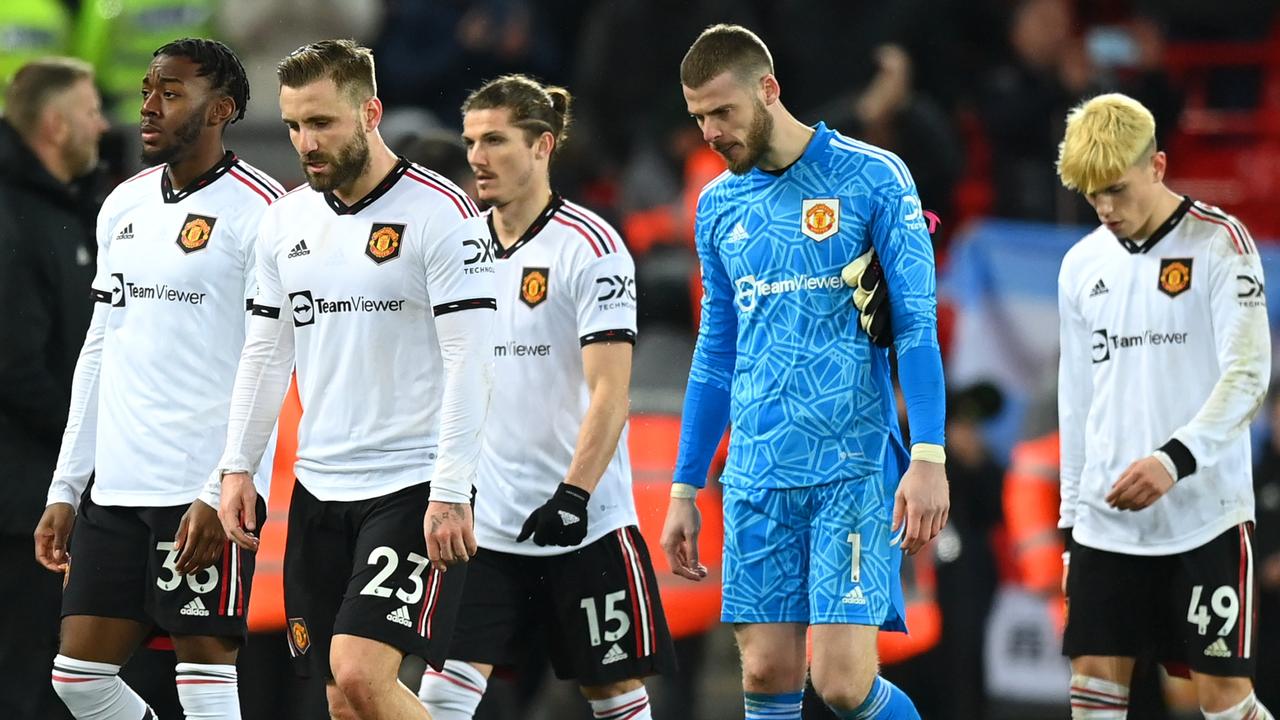 LIVERPOOL, ENGLAND – MARCH 05: Players of Manchester United look dejected as they leave the field, after being defeated 7-0 during the Premier League match between Liverpool FC and Manchester United at Anfield on March 05, 2023 in Liverpool, England. (Photo by Michael Regan/Getty Images)