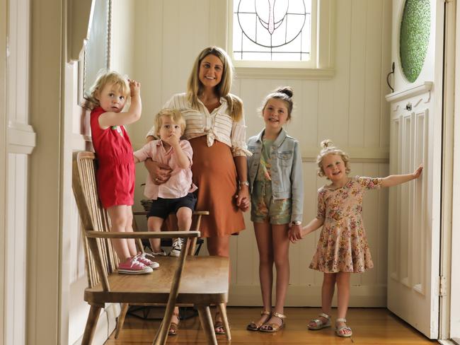 Jess Newman at 37 weeks with children Scarlett, 9, Georgie, 4, twins, Frankie, 2, and Angus, 2. Picture: Mark Cranitch.