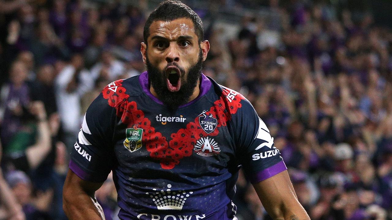 Josh Addo-Carr of the Storm celebrates a try.