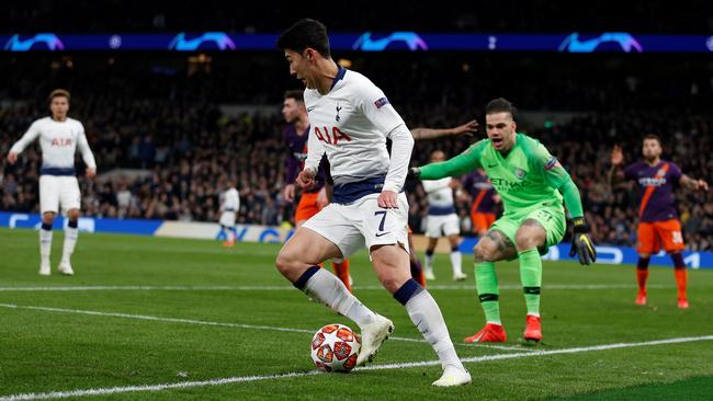 Tottenham Hotspur's South Korean striker Son Heung-Min keeps the ball in play before going on to score during the UEFA Champions League quarter-final first leg match against Manchester City at the Tottenham Hotspur Stadium in north London. Picture: AFP