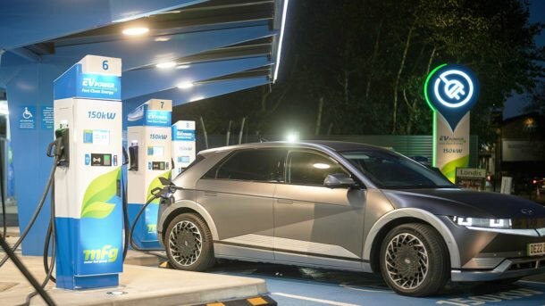 A Hyundai Ioniq battery electric vehicle (BEV) charges at a Motor Fuel Group (MFG) EV Power forecourt. Picture: Christopher Furlong/Getty Images