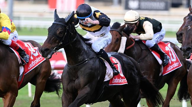 Here To Shock secures a golden ticket into the Group 1 Stradbroke Handicap by winning the BRC Sprint at Doomben. Picture: Grant Peters / Trackside Photography.