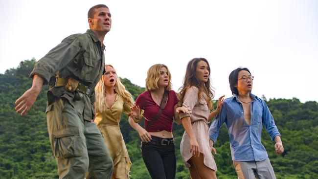 Austin Stowell, Portia Doubleday, Lucy Hale, Maggiie Q and Jimmy O. Yang in Fantasy Island. Supplied by Sony Pictures.