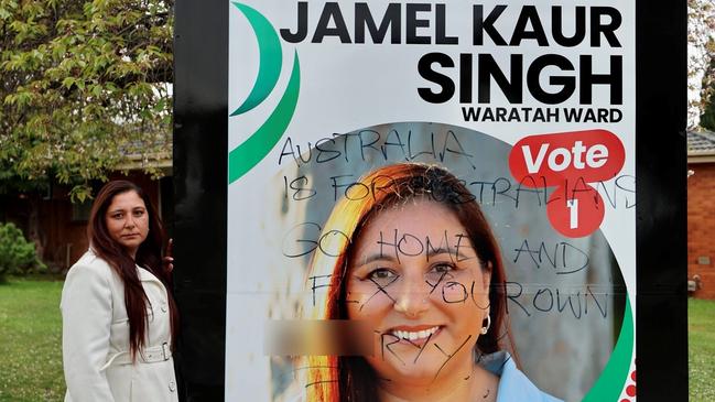 Casey council election candidate Jamel Kaur Singh has been left devastated after her campaign placards were defaced with racist graffiti. Picture: Supplied