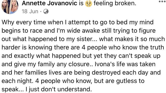 A Facebook post by the heartbroken sister of Ivona Jovanovic. Picture: Facebook