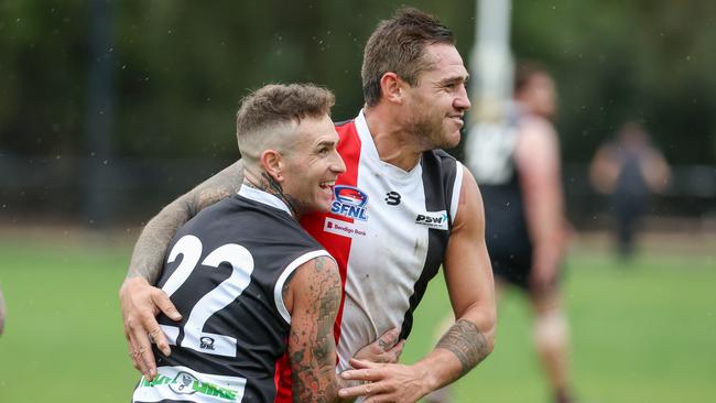 St Kilda v Port Melbourne Colts at Peanut Farm Reserve, St Kilda, Melbourne, April 15th 2023. St KildaÃ&#149;s Aaron Edwards celebrates his goal with T Meyer. Picture : George Sal