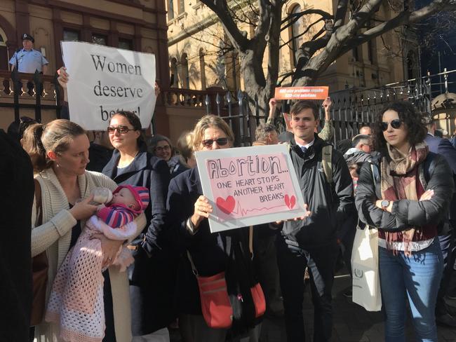 About 200 pro-life protesters rally outside NSW parliament ahead of the introduction of a historic bill to decriminalise abortion in NSW. Picture: Danielle Le Messurier