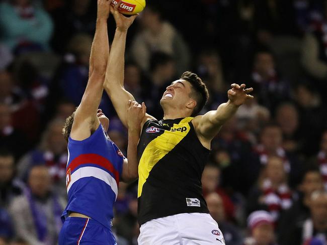 Richmond's Ivan Soldo rucks at a stoppage against Josh Dunkley . Pic: Michael Klein