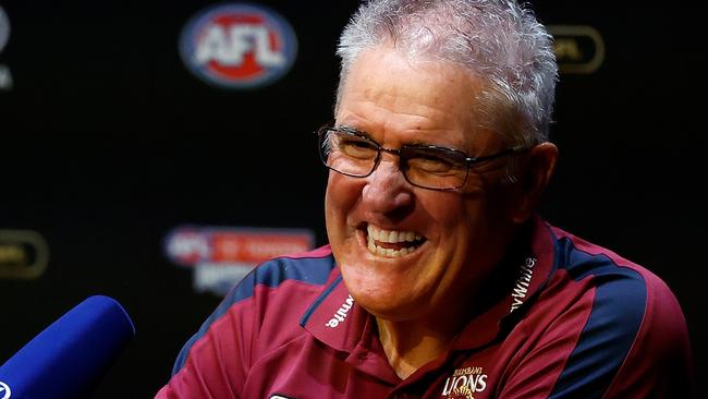 MELBOURNE, AUSTRALIA - SEPTEMBER 27: Chris Fagan, Senior Coach of the Lions is seen during a press conference before the 2024 AFL Grand Final Parade on September 27, 2024 in Melbourne, Australia. (Photo by Michael Willson/AFL Photos via Getty Images)