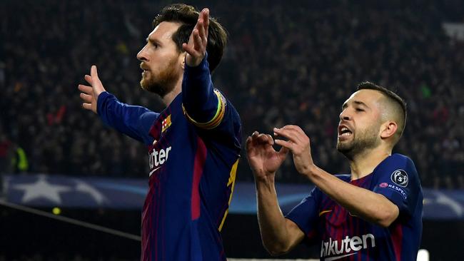Lionel Messi of Barcelona celebrates.