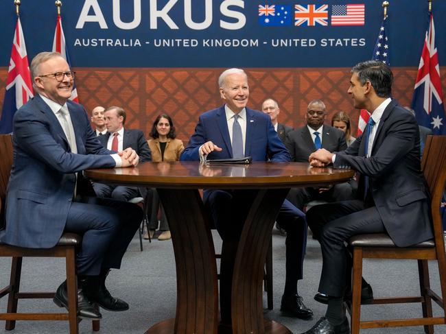 14/3/2023: US President Joe Biden (C) participates in a trilateral meeting with Australian Prime Minister Anthony Albanese (L) and British Prime Minister Rishi Sunak (R) during the AUKUS summit on March 13, 2023 in San Diego, California. Picture: US Embassy Australia