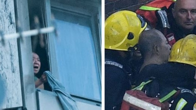 The pensioner waves for help (L) and is rescued from the tower block.