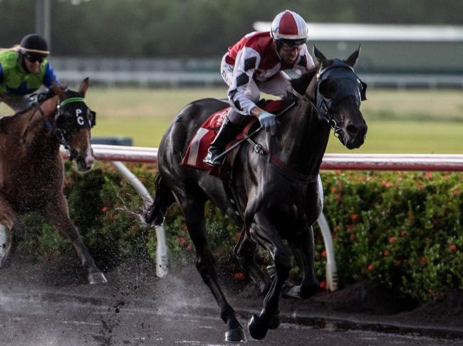 Jason Lyon pilots I Am The Fox to victory at Fannie Bay. The Garry Lefoe trained horse is one of the Darwin Cup favourites. Picture: Caroline Camilleri