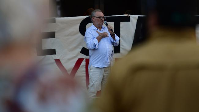 Darwin barrister John Lawrence speaks outside the NT Parliament on Wednesday during a vigil for Kumanjayi White, a 24-year-old Warlpiri man with a disability who died after being restrained by police in the Alice Springs Coles. Picture: Zizi Averill