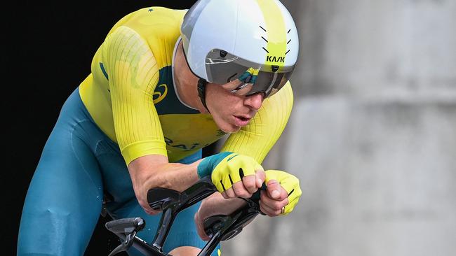 Australia's Dennis Rohan competes in the men's cycling road individual time trial during the Tokyo 2020 Olympic Games at the Fuji International Speedway in Oyama, Japan, on July 28, 2021. (Photo by Greg Baker / AFP)