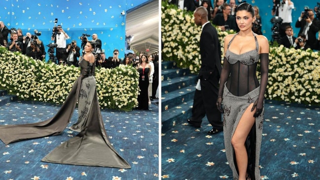 Kylie Jenner arrived solo, with no Timothée Chalamet in sight, wearing a sheer black corset dress by Ferragamo’s Maximilian Davis. Picture: Getty