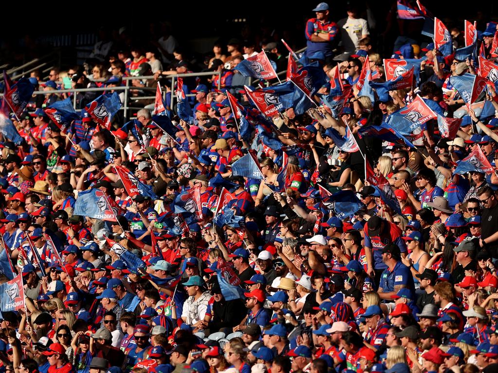 Knights fans filled McDonald Jones Stadium for their afternoon elimination final against the Raiders. Picture: Getty Images