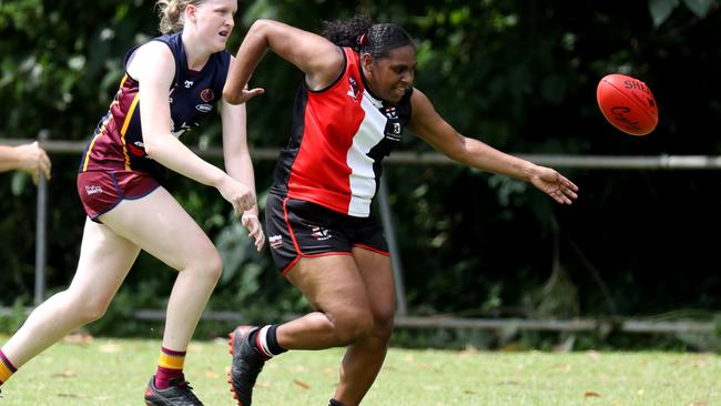 Lions' Grace Johnson and Saints' Millie Stephen. Picture: Stewart McLean