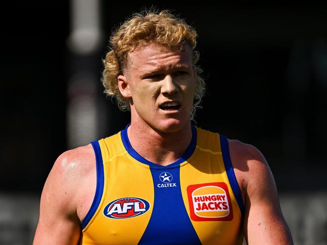 PERTH, AUSTRALIA - FEBRUARY 17: Reuben Ginbey of the Eagles at warm up during the 2025 AFL Match Simulation between the West Coast Eagles and the Richmond Tigers at Mineral Resources Park on February 17, 2025 in Perth, Australia. (Photo by Daniel Carson/AFL Photos via Getty Images)