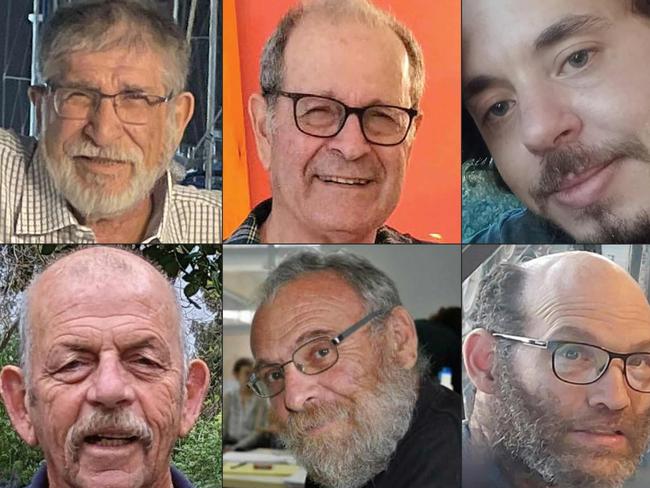 (Clockwork from top L) Yoram Metzger, Abraham Munder, Yagev Buchshtab, Nadav Popplewell, Alex Dancyg, and Chaim Peri were apparently killed by their captors. Picture: AFP.