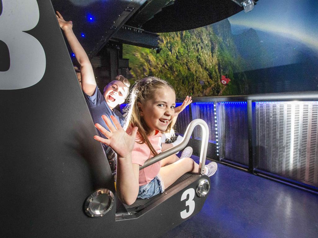 Lola, 7, and Hugo Lange, 9, from Brisbane on Dreamworld's Sky Voyager. Picture: Nigel Hallett