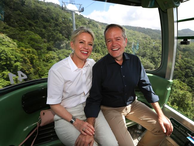 Opposition leader Bill Shorten with wife Chloe riding the Skyrail during a visit to Cairns on Monday. Picture: Kym Smith