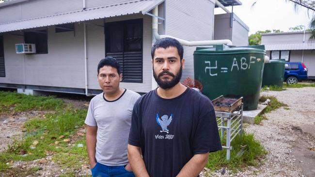 Asylum-seekers Yasin Zadeh, left, and Sayed Zaidi at a refugee camp on Nauru. Picture: Glenn Hunt