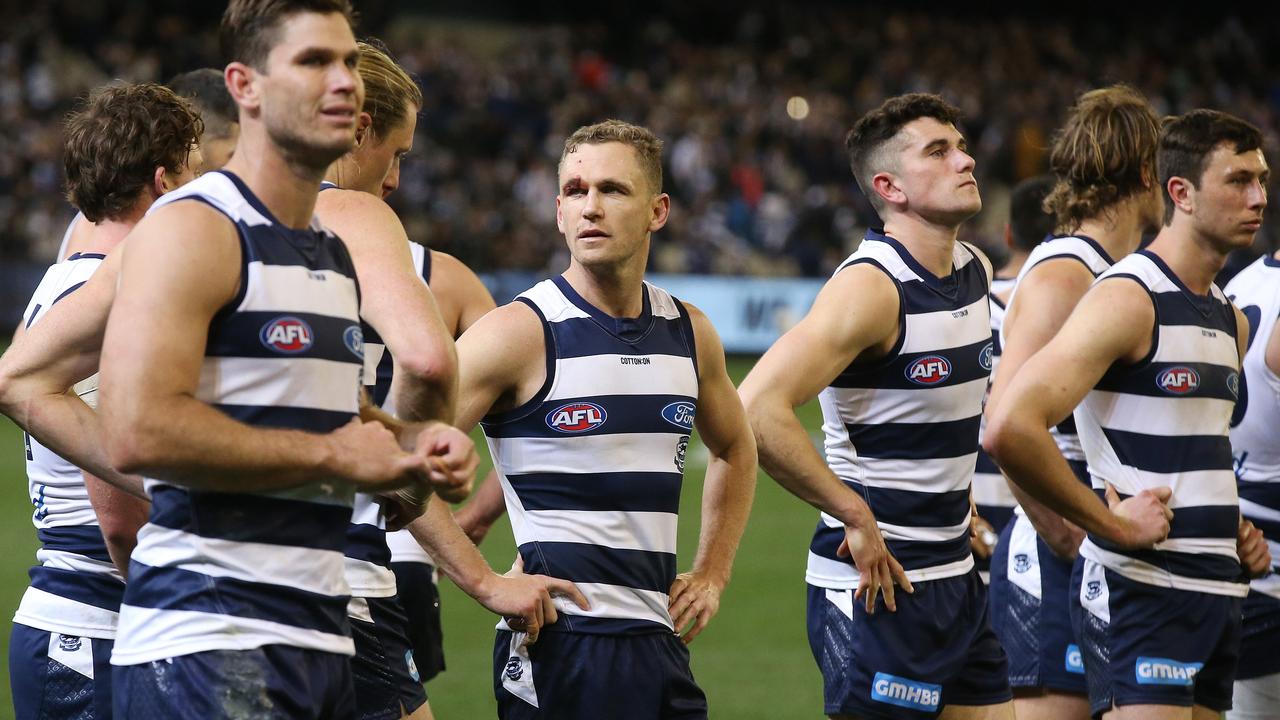 Geelong players after last Friday night’s loss to Collingwood.