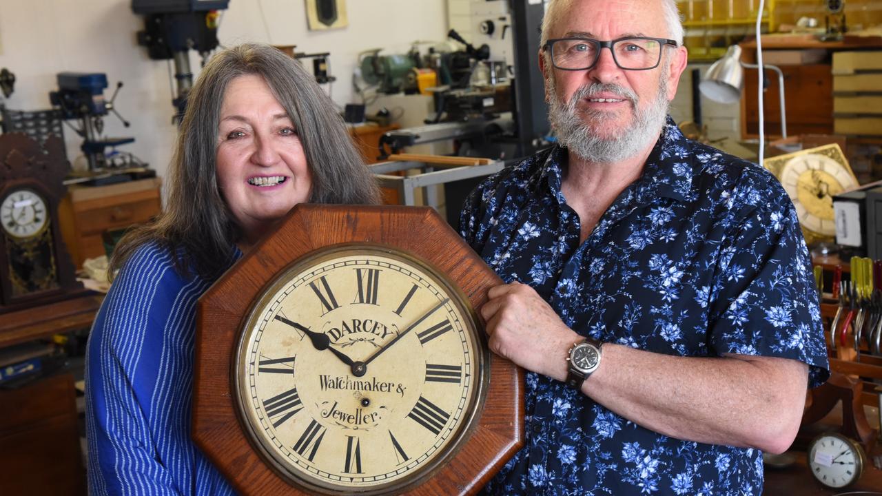 Sallie and Graham Mulligan, the duo behind Hands of Time: The Index of Clock &amp; Watchmakers in Tasmania, with a clock manufactured by Launceston's Richard John Darcey (1870-1944). Picture: Alex Treacy