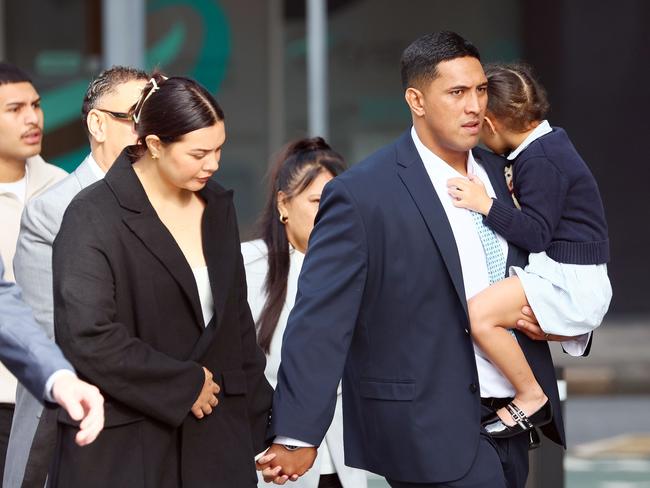 Former Queensland and Gold Coast Titans player Oshae Jackson Tuiasau at the Brisbane Supreme Court where he is facing charges of one count of unlawful striking causing death. Picture: NewsWire/Tertius Pickard