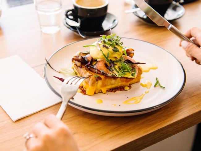 New brunch menu item, C.R.E.A.M’s Bacon Benny. Photo: Morgan Sette/AAP