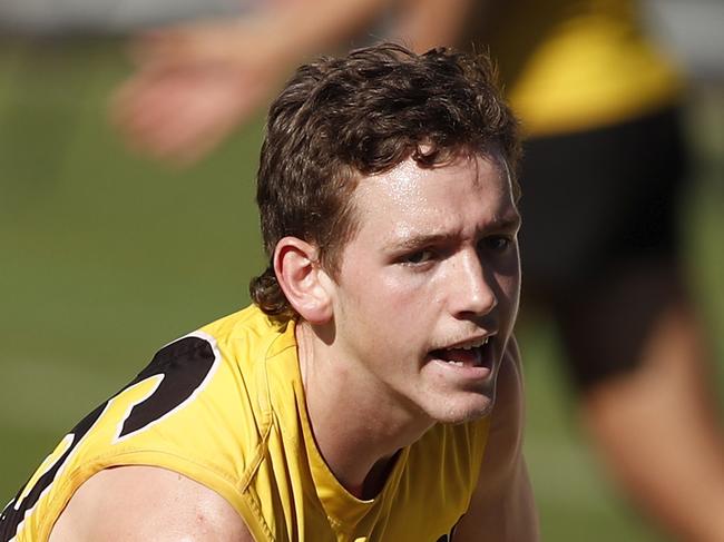 MELBOURNE, AUSTRALIA - FEBRUARY 18: Riley Collier-Dawkins of the Tigers in action during a Richmond Tigers training session at Punt Road Oval on February 18, 2021 in Melbourne, Australia. (Photo by Dylan Burns/AFL Photos via Getty Images)