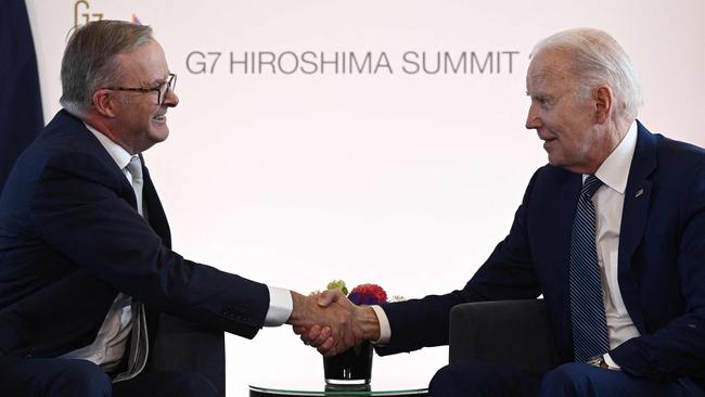 Anthony Albanese and Joe Biden in Hiroshima on May 20. Picture: AFP