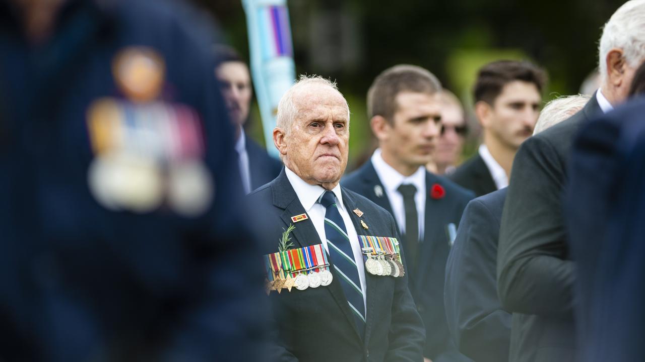 Vietnam veteran Glenn Trussell, 547 signal troop during the Citizens Commemoration Service at the Mothers' Memorial on Anzac Day, Monday, April 25, 2022. Picture: Kevin Farmer2022. Picture: Kevin Farmer