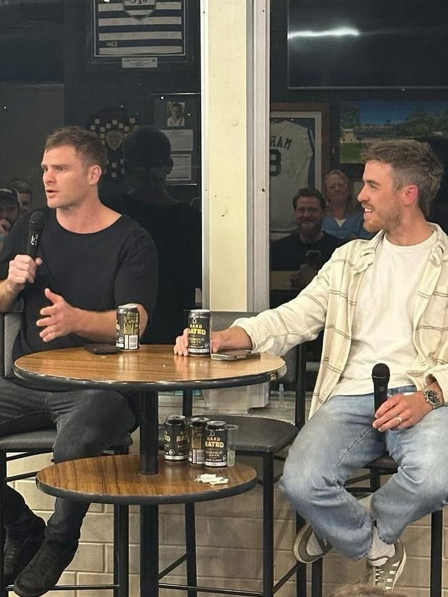 Paul Seedsman (right) with former Collingwood teammate Heath Shaw at Walkerville Football Club on Saturday. Picture: Walkerville FC