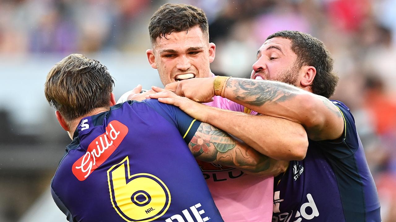 Nathan Cleary has been carrying a serious shoulder injury for week. Picture: Bradley Kanaris/Getty