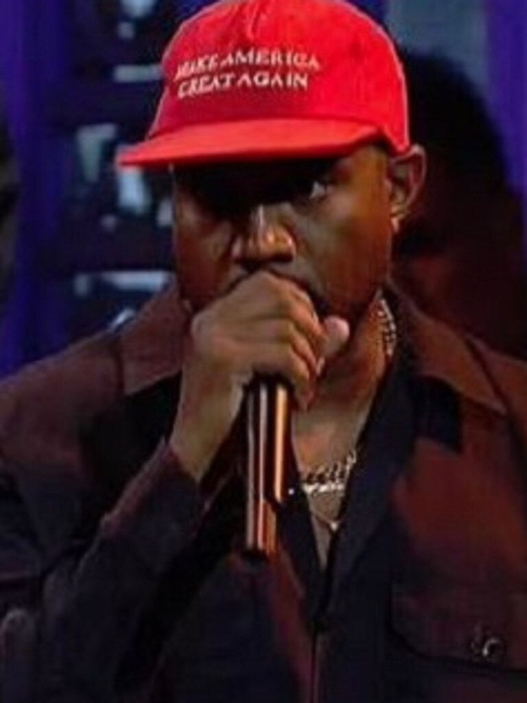 Kanye West has appeared again with his MAGA cap. Picture: NBC