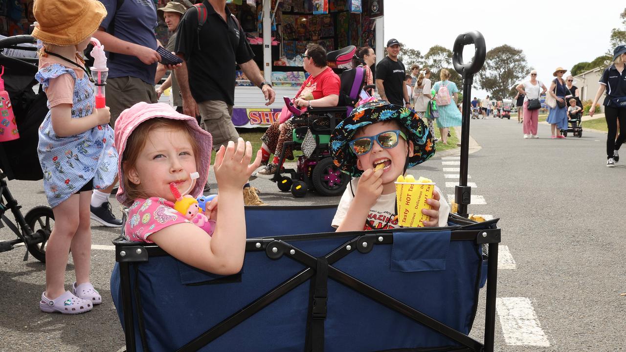 Meals on wheels: Armstrong Creek siblings Amelija, 3, and Hendrick, 5 Stipcevich at the Geelong Show. Picture: Alison Wynd