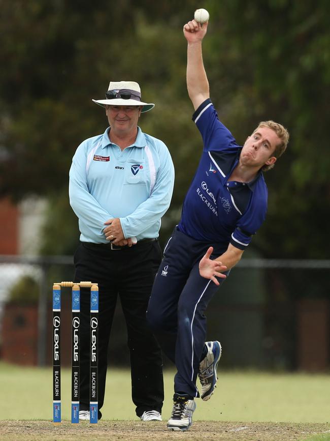 VSDCA: Nathan Prucsino bowling for Mt Waverley. Picture: Stuart Milligan