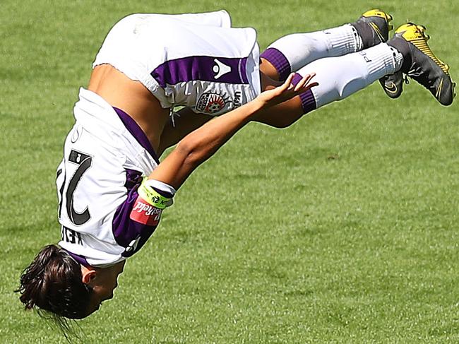 Kerr launches into a backflip after scoring for Perth Glory. Picture: Getty Images