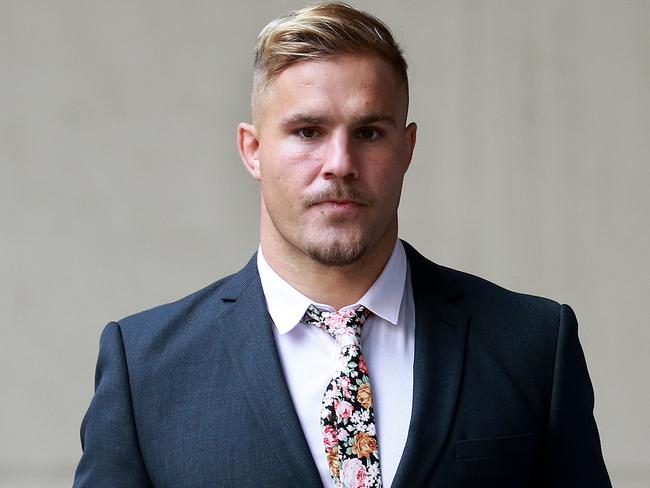 St George Illawarra Dragons player Jack De Belin arrives at the Federal Court where he is fighting an injunction against him playing after he was stood down over aggravated sexual assault charges. Picture: Toby Zerna