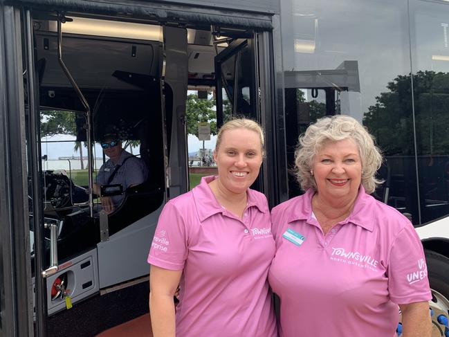 (L-R) Townsville Enterprise director of visitor economy and marketing Lisa Woolfe and volunteer tour guide Karen Glazebrook were helping cruise ship visitors navigate the city on Monday (20/1/2024) with the new hop-on, hop-off shuttle bus.