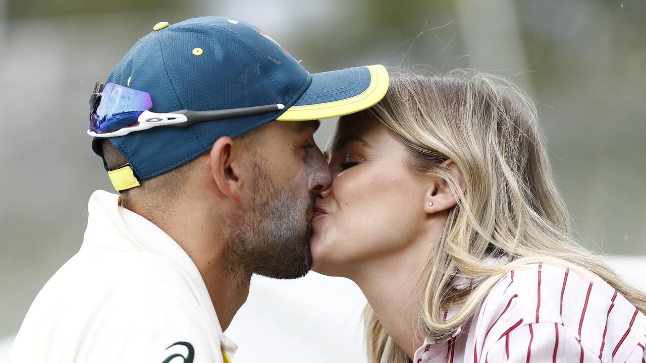 Nathan Lyon kisses girlfriend Emma McCarthy during the 2019 Ashes. (Photo by Ryan Pierse/Getty Images)