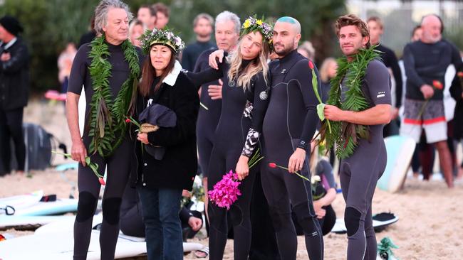 GOLD COAST, AUSTRALIA - JULY 11: Alex Pullin's girlfriend Ellidy Vlug is supported by family and friends in memory of Alex 'Chumpy' Pullin on July 11, 2020 in Gold Coast, Australia. Australian Winter Olympic Games Snowboarder Alex 'Chumpy' Pullin died on Wednesday 8 July in a drowning accident while spearfishing at Palm Beach on the Gold Coast, aged 32. (Photo by Chris Hyde/Getty Images)