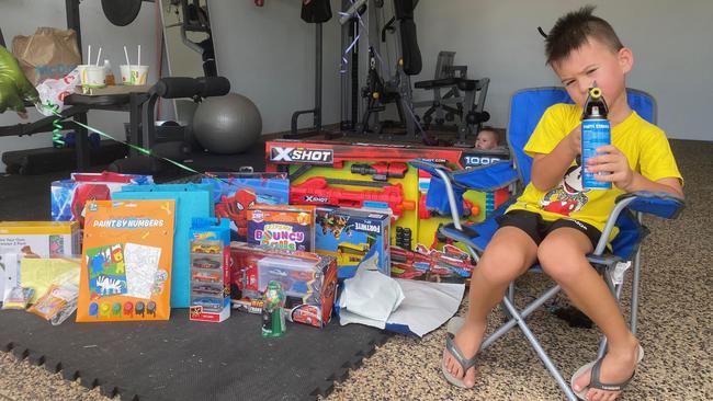 Hundreds of cars drove by five-year-old Abel Thomas' Zuccoli home to wish him a happy birthday from a distance. Picture: Owen Thomas