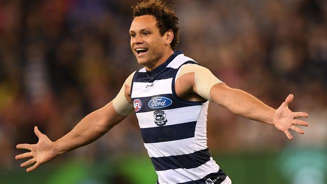 Steven Motlop reacts after kicking a goal during the second semi-final against Sydney.