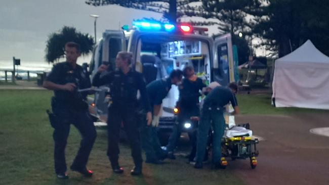 Queensland Ambulance Service paramedics at the "wounding" incident on Goodwin Terrace at Burleigh Heads on the Gold Coast. Picture: Supplied