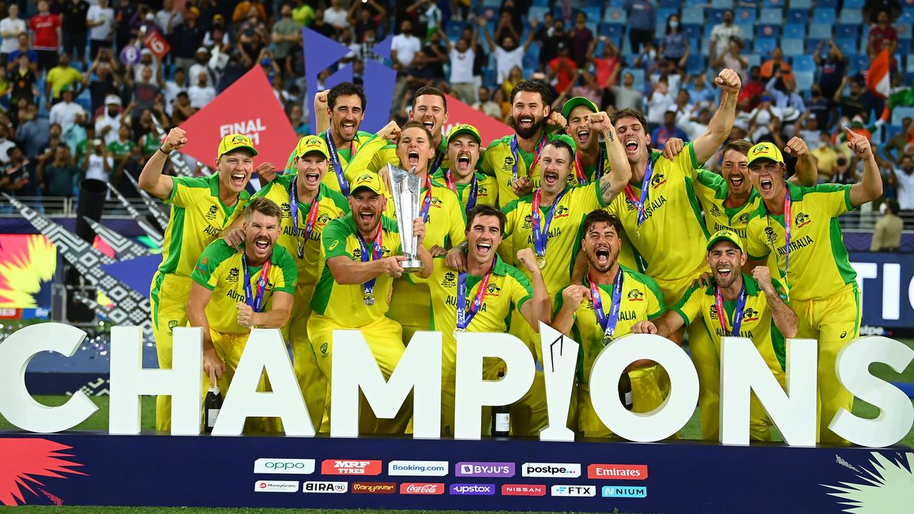 The Australian team celebrates its T20 World Cup final victory against New Zealand at Dubai International Stadium. Picture: Getty Images