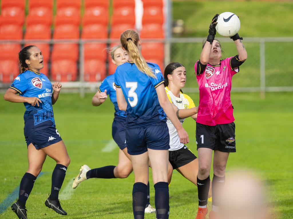 South West Queensland Thunder goal keeper Justeen Kruger makes a save against Mitchelton FC in FQPL1 Women's round four football at Clive Berghofer Stadium, Saturday, April 23, 2022. Picture: Kevin Farmer